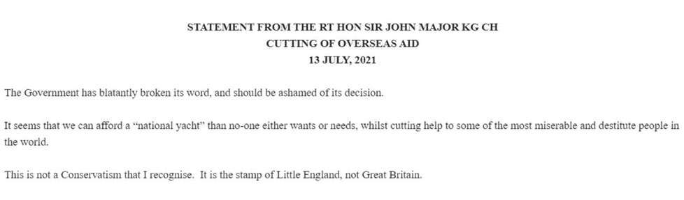 John Major is scathing and entirely correct  - #aidcuts are the “stamp of little England, not Great Britain”

Every Tory MP who voted for this should hang their heads in shame.