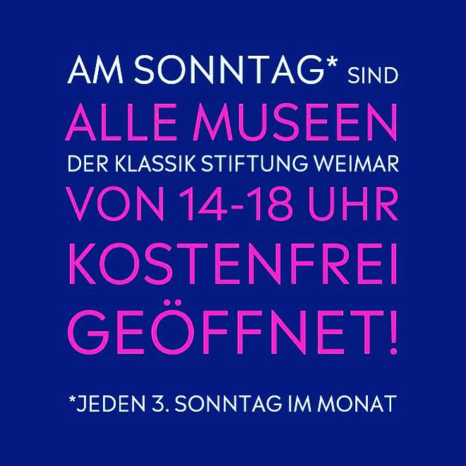 #KlassikStiftung FÜR ALLE. Ab sofort KOSTENFREI jeden 3. Sonntag im Monat alle Museen von 14 - 18 Uhr geöffnet. #immerwiedersonntags #BauhausMuseum #Goethe #Nietzsche #NeueNatur