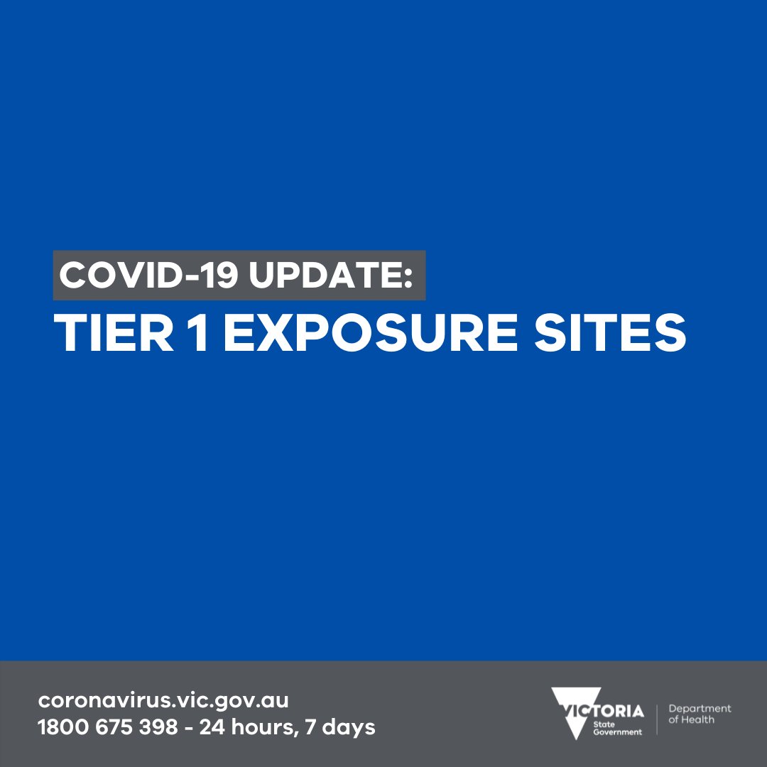 New Tier 1 exposure sites have been published today at coronavirus.vic.gov.au/exposure-sites including the following:

Anyone who has visited a Tier 1 site during the times listed must immediately isolate, get a test and quarantine for 14 days. You should also contact us on 1300 651 160. [1/7]