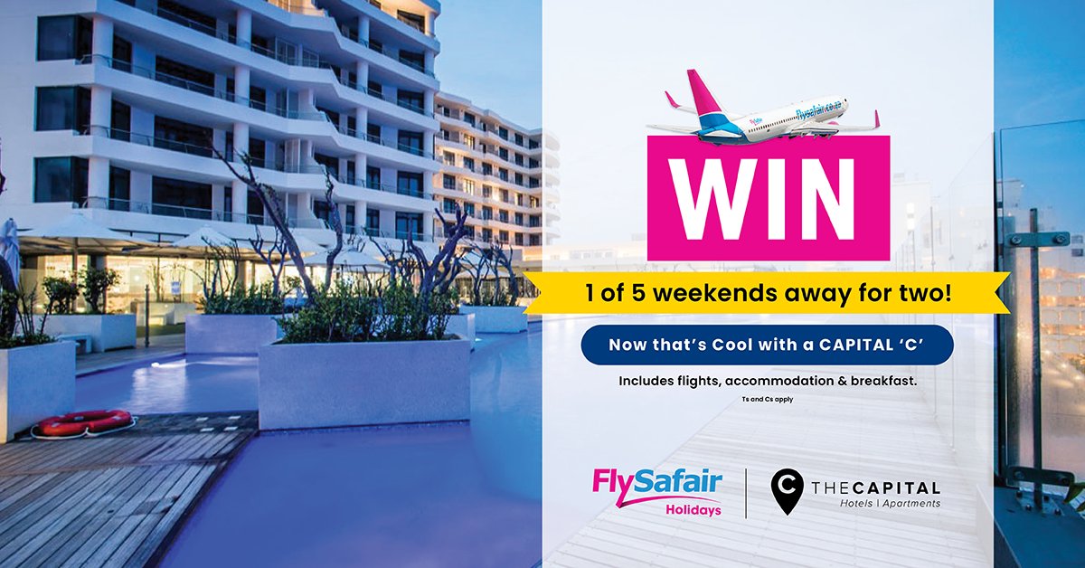 FAHoliday's tweet photo. WIN 1 of 5 Weekends Away!

Are you ready for a top-class getaway? FlySafair Holidays is giving you the chance to WIN 1 of 5 weekends away for two at a Capital Hotel, including free flights and breakfast! 

Enter at https://t.co/z97C235y3O

Comp extended until 18 July https://t.co/SsFlE8csbF