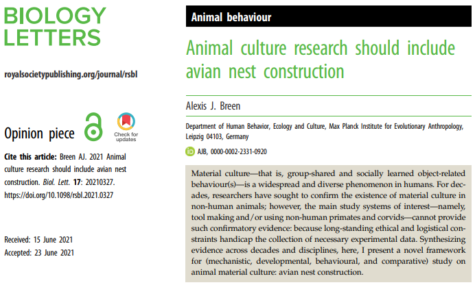 alexisjbreen's tweet image. New #openaccess paper: Animal culture research should include avian nest construction @RSocPublishing @MPI_EVA_Leipzig @maxplanckpress doi.org/10.1098/rsbl.2…
Why? (1/4)