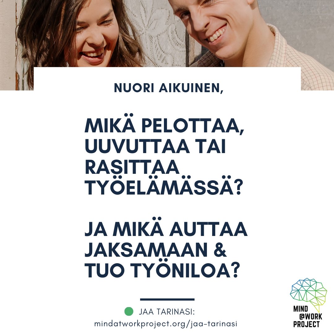 mielenterveys's tweet photo. Hei sinä 18-35-vuotias! Haluatko jakaa kokemuksesi työelämästä ja ajatuksiasi tulevaisuuden työkulttuurista?
Jaa työelämätarinasi osoitteessa https://t.co/IR5S4aXmgR
Kokemuksiasi ja ajatuksiasi haluaa kuulla Mind@Work Project.
Yhteistyökumppanina MIELI ry.
#mindatworkproject https://t.co/ORbJrbfDCp