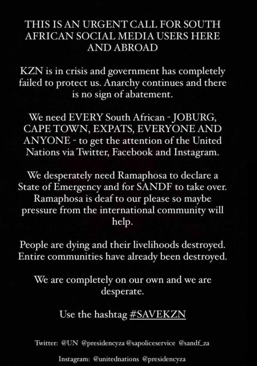 RomaineHBaker's tweet photo. #savekzn
@UN @SANDF_ZA @PresidencyZA @SAPoliceService @SkyNews @BBC @CNN 600 soldiers in KZN is not enough. The communities are trying to defend their neighbourhoods. Help us #saveKZN #SaveSouthAfrica https://t.co/qDjs3Wv98O https://t.co/3RJWr3VLQZ