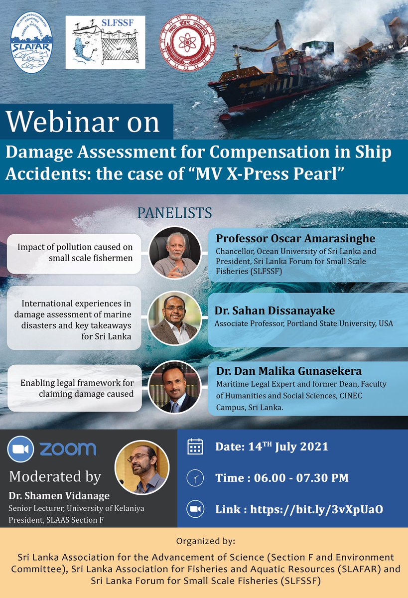 sahanorg's tweet photo. Looking forward to contributing to the #SLAAS webinar on “Damage Assessment for Compensation in Ship Accidents: the case of #MVXPressPearl”
https://t.co/990uE7rmoI
#lka #SriLanka #oilleak #NRDA #MarineEnvironment #MarinePollution #Ocean #MarineLife #OilSpill @PearlProtectors https://t.co/8P6uEpEosW