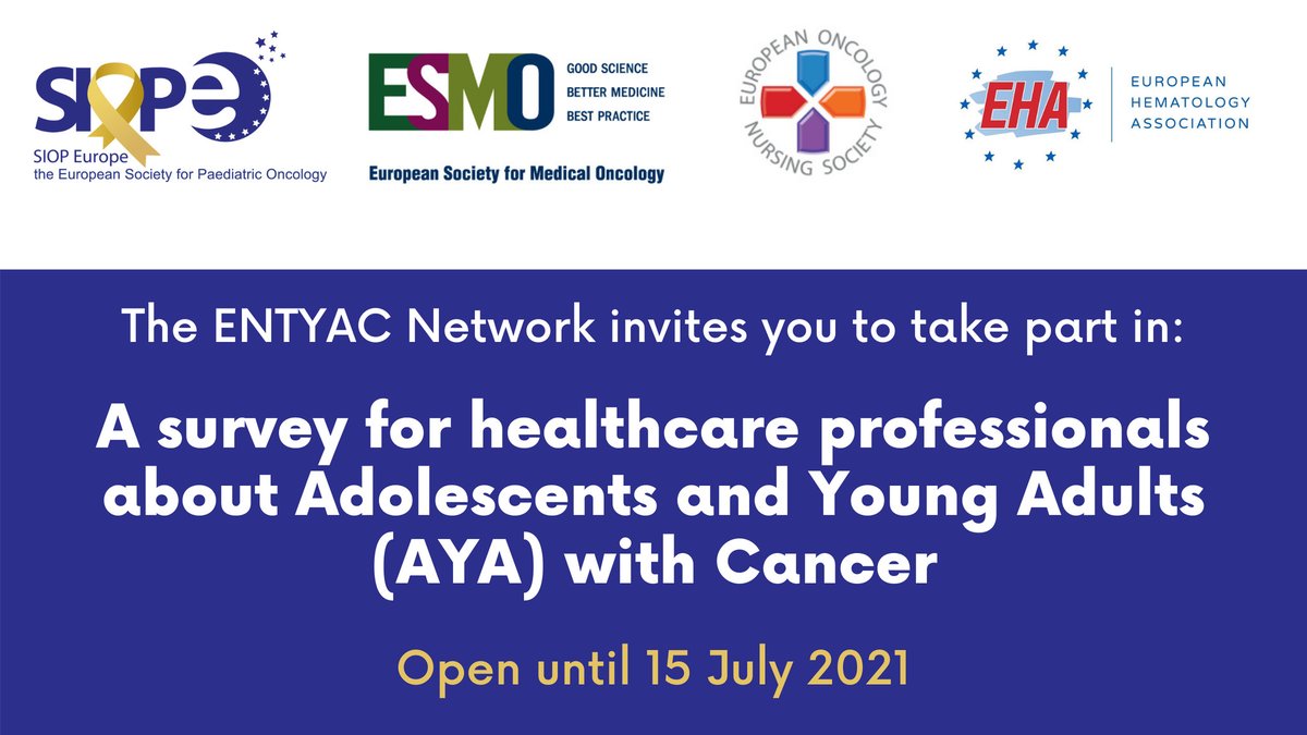 Are you a #healthcare professional treating adolescents and young adults (#AYA) with cancer? You still have one day left to share your experiences with the European Network for Teenagers &amp; Young Adults (#ENTYAC) by filling out the survey below.
surveymonkey.com/r/AYA-Survey