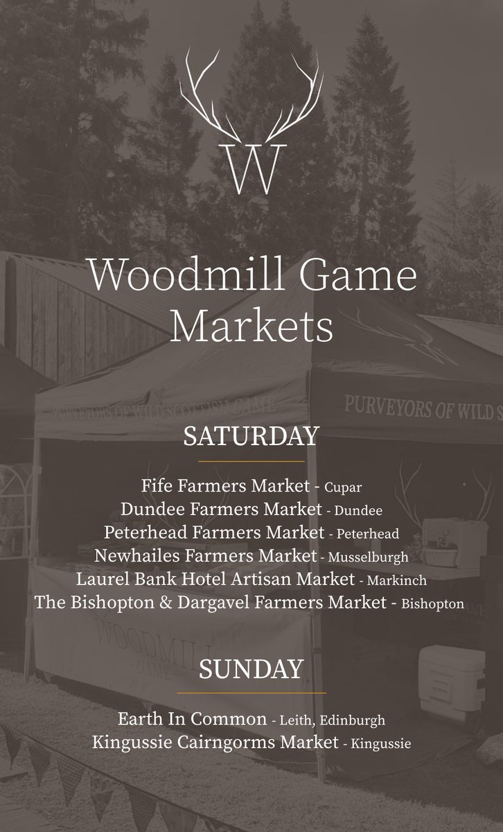 Woodmill Game (@woodmillgame) on Twitter photo Where to find us this week 🦌
- <a href="/FifeFarmersMark/">Fife Farmers Market</a> - #DundeeFarmersMarket - #PeterheadProducersMarket - @NewhailesNTS - <a href="/LaurelBankHotel/">Laurel Bank Hotel</a> - #TheBishoptonDargavelFarmersMarket - #EarthInCommon - #KingussieCairngormsMarket Where to find us this week 🦌
- <a href="/FifeFarmersMark/">Fife Farmers Market</a> - #DundeeFarmersMarket - #PeterheadProducersMarket - @NewhailesNTS - <a href="/LaurelBankHotel/">Laurel Bank Hotel</a> - #TheBishoptonDargavelFarmersMarket - #EarthInCommon - #KingussieCairngormsMarket