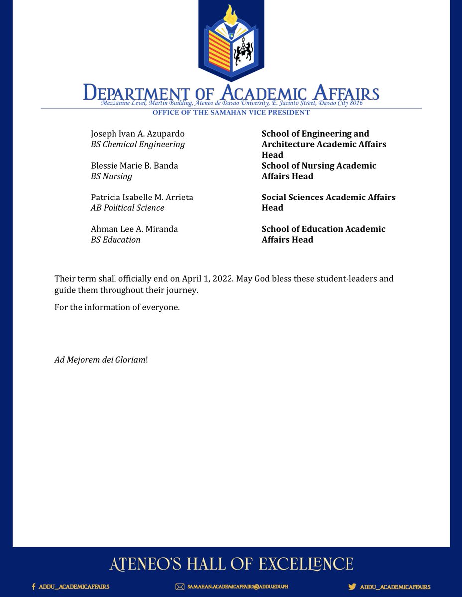 AdDU_DAA's tweet photo. MEMO | DAA Memorandum No. 01-071421 re: Start of Term and the Department of Academic Affairs Officers for AY 2021-2022

The 2021-2022 term officially begins today, July 14. For everyone's information and widest dissemination. 

#HallOfExcellence #OneOVP https://t.co/lkP2BtbW3y