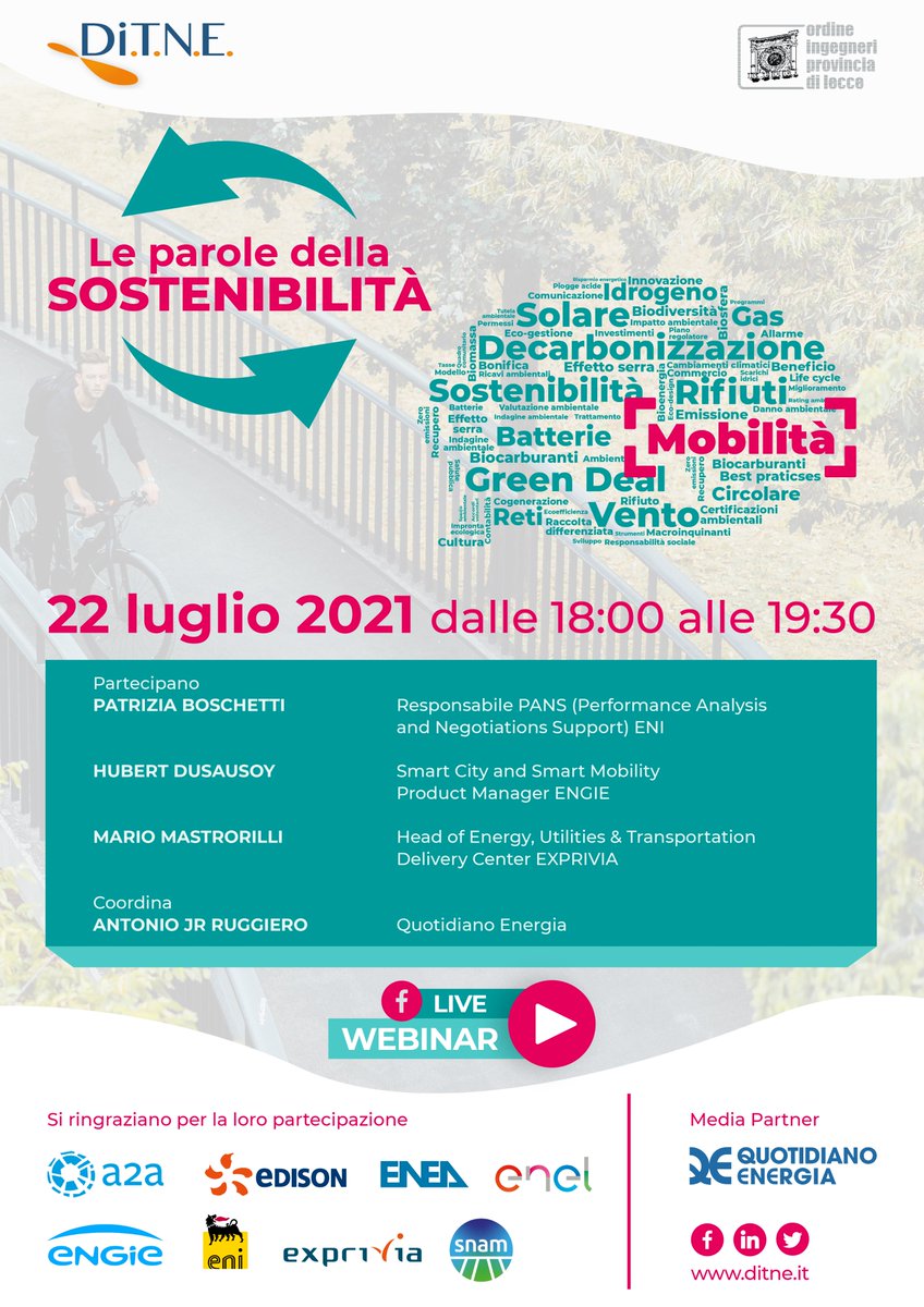 DiTNE_Energia's tweet photo. LE #PAROLE DELLA #SOSTENIBILITÀ: ciclo di seminari #online a cura del #DiTNE e
@IngegneriLecce
Il sesto appuntamento sarà dedicato alla #MOBILITÀ.
📆𝗚𝗶𝗼𝘃𝗲𝗱𝗶̀ 𝟮𝟮 𝗹𝘂𝗴𝗹𝗶𝗼, 𝗼𝗿𝗲 𝟭𝟴
Vi aspettiamo in diretta! https://t.co/ILoQuT9uxx