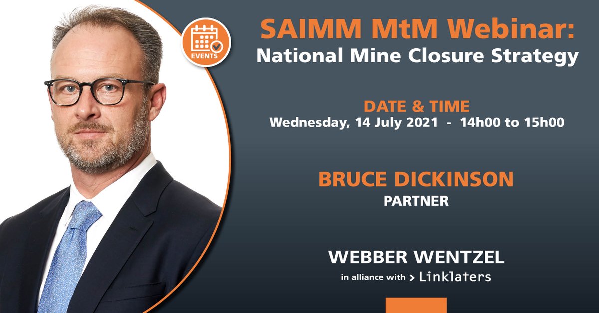 Webber Wentzel partner, Bruce Dickinson will be joining a webinar panel to discuss Mine Closure and #ESG today from 14h00 - 15h00. The webinar is hosted by <a href="/SAIMM1/">SAIMM</a> and <a href="/MtmUct/">Minerals to Metals</a>. #MiningLaw

Registration: bit.ly/3B2VMOM