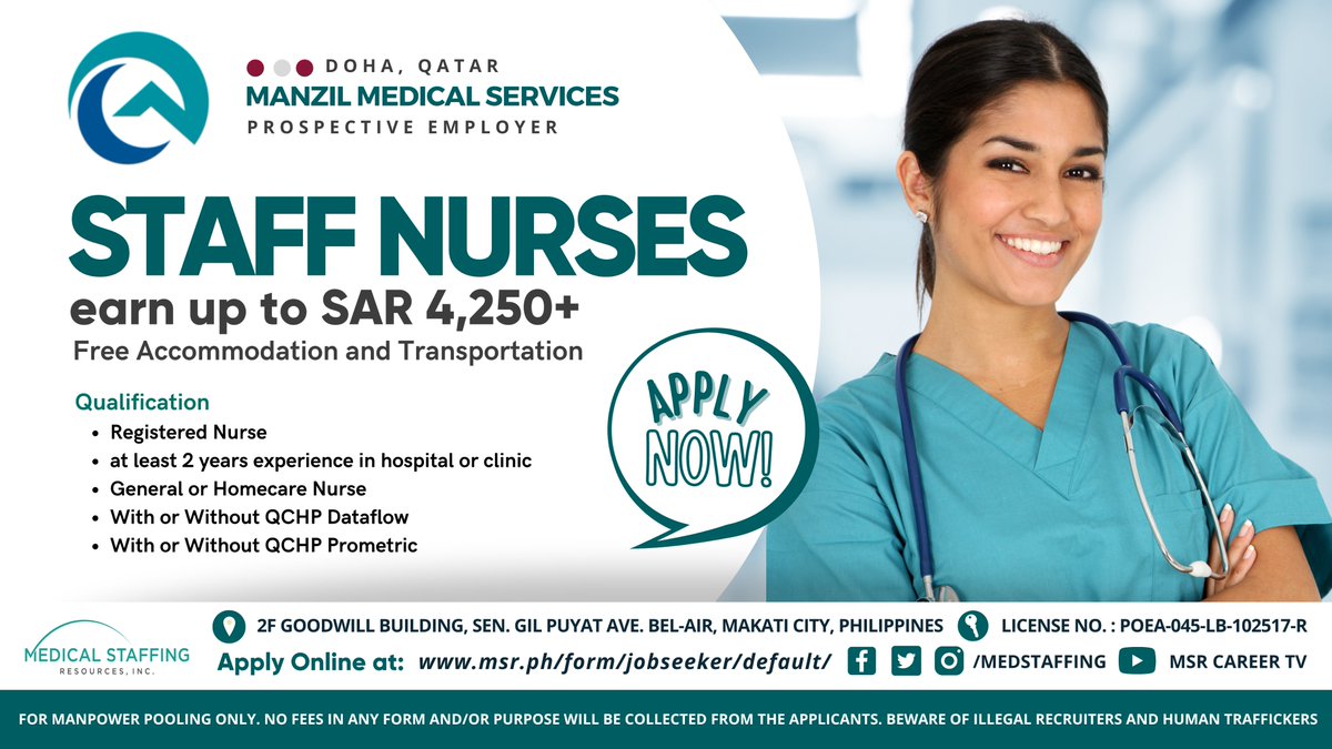 MedStaffingInc's tweet photo. APPLY NOW!!

Employers Details
🏥Manzil Medical Services 
🗂 For Manpower Pooling Only
🇶🇦 Doha, Qatar
👩‍⚕️General | Homecare 

#CareerOpportunities #NurseforQATAR #Hospital #StaffNurses #MANZIL https://t.co/ZKNJgB2iSP