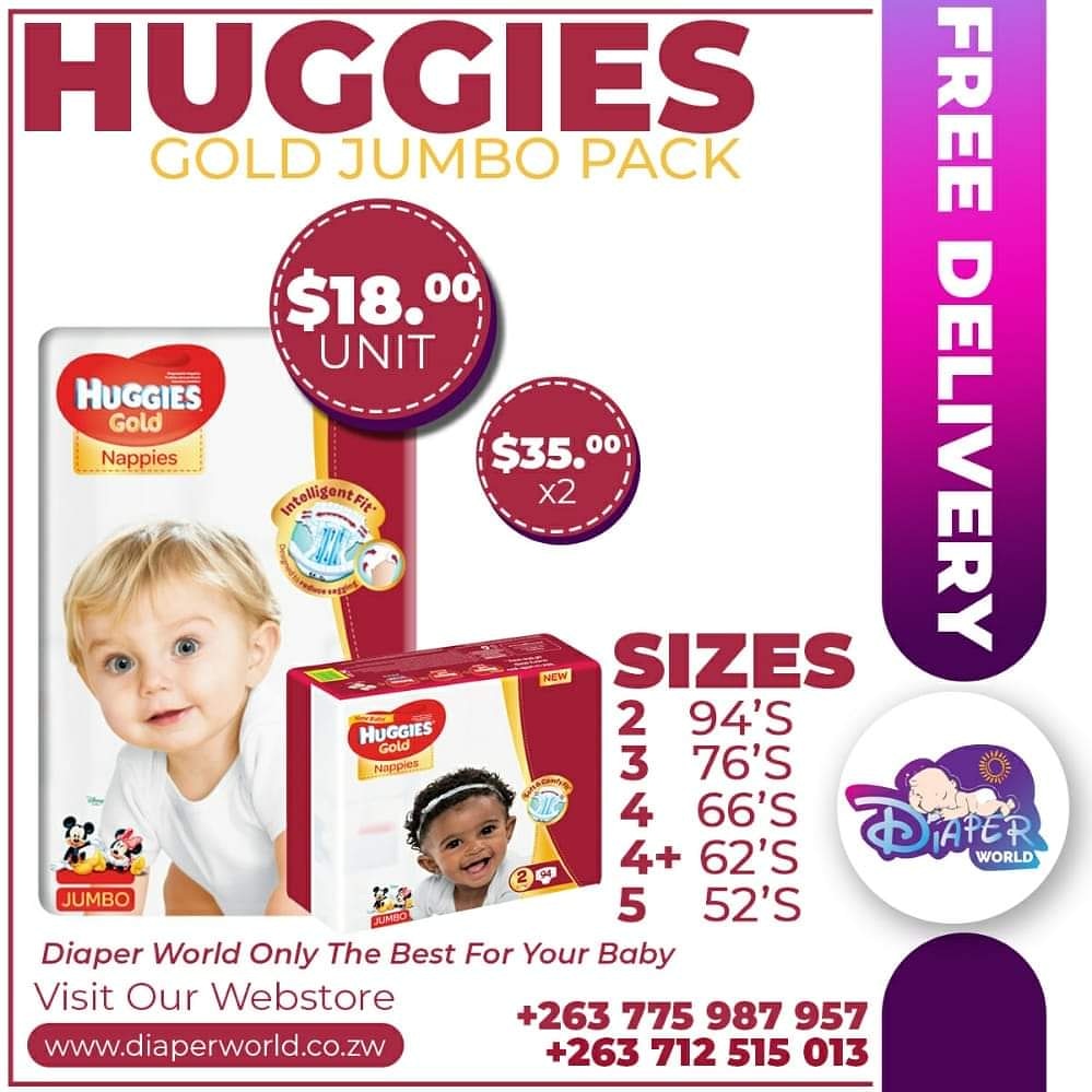 DiaperZw's tweet photo. Huggies Gold Jumbo Pack Available in stock.

Price : $18 / unit and $35 for 2 units

Delivery : Free in Harare https://t.co/vAJuOC46Vl