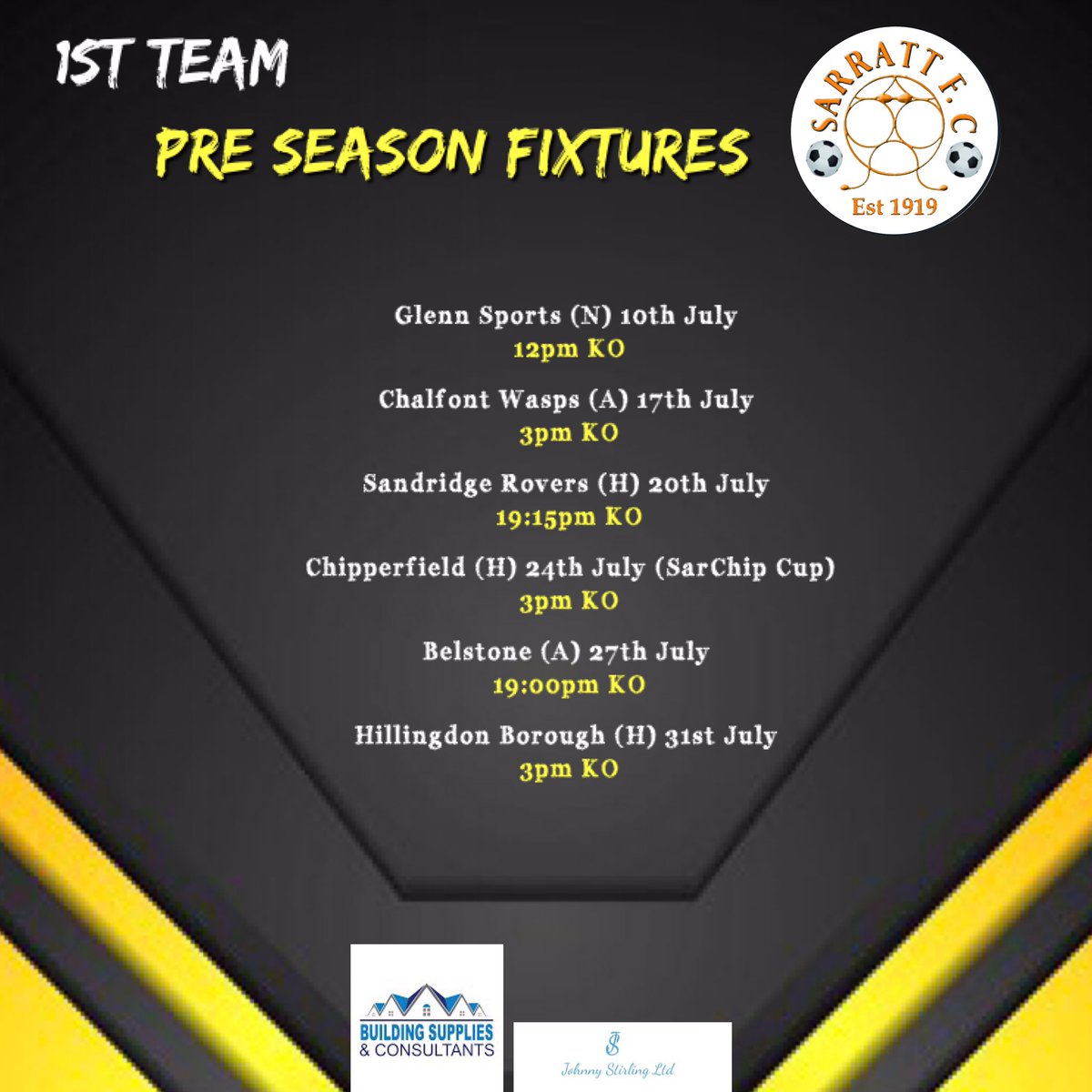 🟡⚫️ UPCOMING FIXTURES…

Please see below our upcoming Pre Season Friendlies.

<a href="/BUILDINGSUPPL15/">BUILDING SUPPLIES CONSULTANTS LTD</a> <a href="/johnny_stirling/">Johnny</a> <a href="/SpartanSMFL/">Spartan South Midlands</a> <a href="/hscfl/">HSCL</a> <a href="/HellenicLeague/">Hellenic League</a>