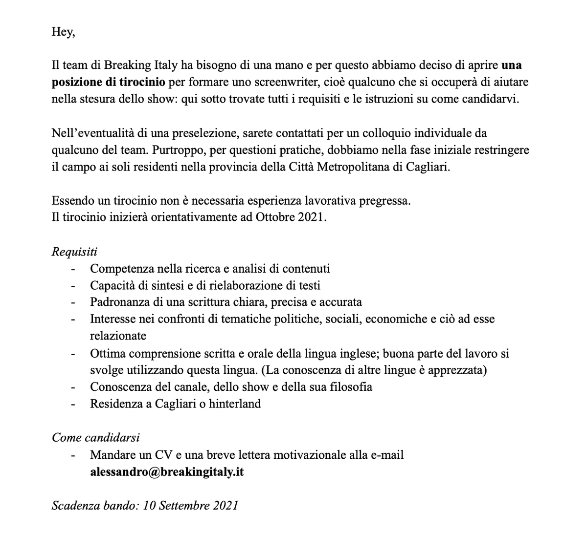 Hey, stiamo cercando un o una tirocinante!