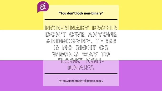 Image 2/4. Text reads: '"You don't look non-binary". Non-binary people don't owe anyone androgyny. There is no right or wrong way to "look" non-binary.' Link below: https://genderedintelligence.co.uk.