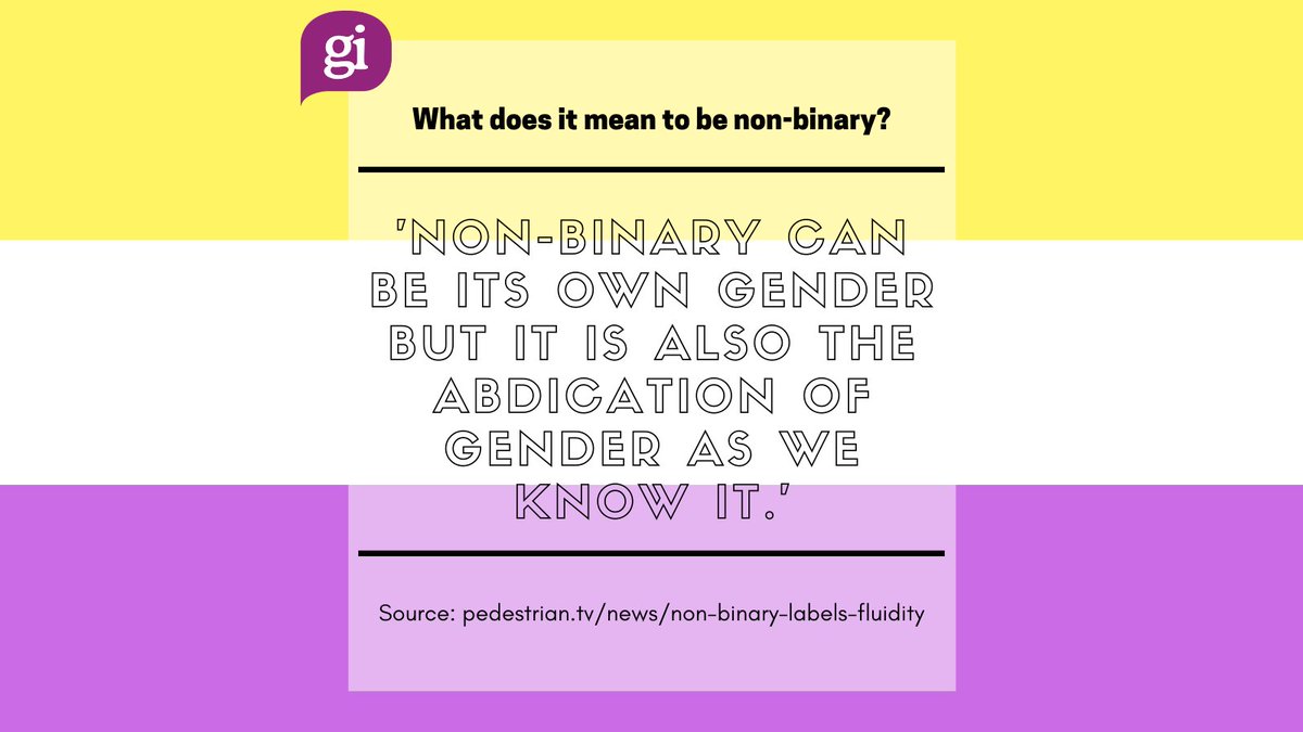 Image 3/4. Text reads: 'What does it mean to be non-binary? "Non-binary can be its own gender but it is also the abdication of gender as we know it." Source: pedestrian.tv/news/non-binary-labels-fluidity'