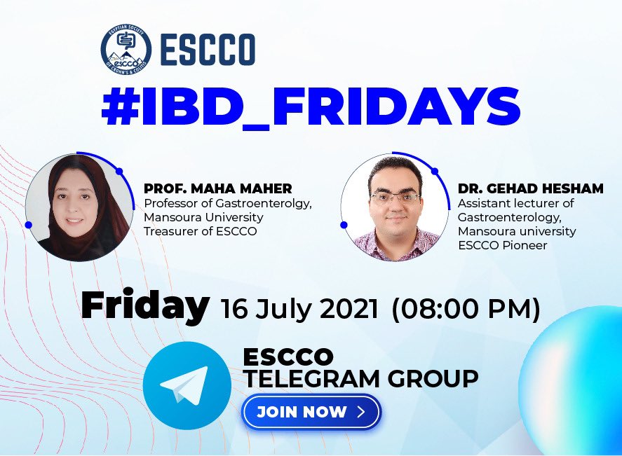 Our next #IBD_Fridays

(16th of July at 08:00 pm) on ESCCO telegram group:

t.me/EgyptianScocie…

We will discuss:
Osteoporosis in IBD.

Our expert this week:

Prof. Maha Maher

Our moderator this week:

Dr. Gehad Hesham

Best regards 
ESCCO Board