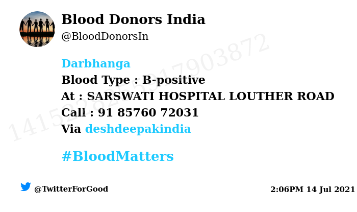 BloodDonorsIn's tweet photo. #Darbhanga
Need #Blood Type :  B-positive
Blood Component : Mega Platelets
Number of Units : 1
Primary Number : 91 85760 72031
Patient : Jay Prakash Yadav
Via: @deshdeepakindia
#BloodMatters
Powered by Twitter https://t.co/0wzg14ZWic