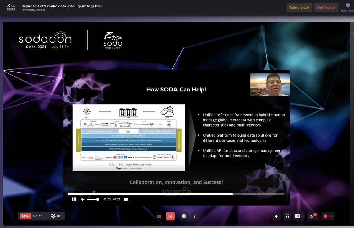 sodafoundation's tweet image. The next keynote on day 2 of #SODACON2021 was by Yang Wendao and he spoke on "Let's make data intelligent together". #opendataframework