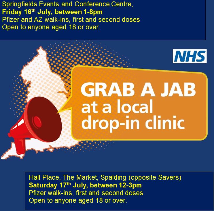 SpringfieldsEv1's tweet image. #GrabAJab this Friday 16th July 2021, between 1-8pm at Springfields Events &amp;amp; Conference Centre. Both Pfizer and AZ walk-ins - no appointment required! First and second doses administered on a 'first come,first served' basis. Open to anyone aged 18 or over.