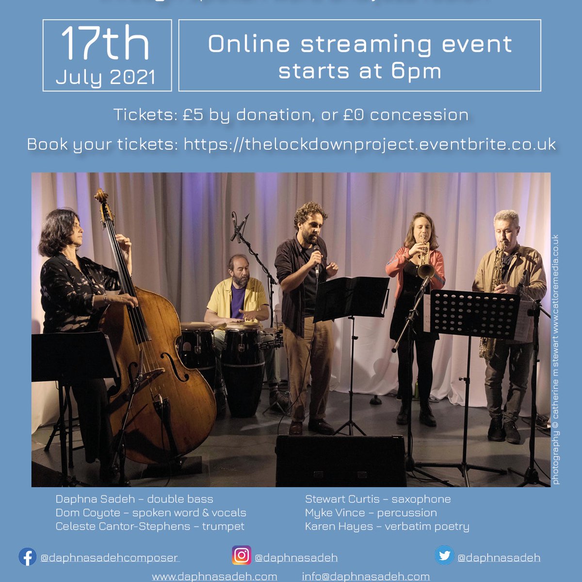 We are delighted to present the second streamed performance of the Lockdown Project, telling pandemic stories of people during the lockdowns, through spoken word and jazz fusion. Music Daphna Sadeh, Poetry Karen Hayes. Saturday July 17th at 6pm <a href="/domcoyote/">Dom Coyote</a>.eventbrite.co.uk/e/151451039135