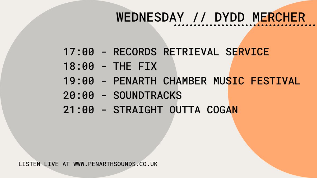We've got your Wednesday sorted with <a href="/RecordsService/">Records Retrieval Service</a>, The Fix from @ryanmls_, <a href="/penarthchamber/">Penarth Chamber</a>, Soundtracks from @SnowcatCinema and <a href="/OuttaCogan/">Straight Outta Cogan</a> 

Tune in over at penarthsounds.co.uk

#SeiniauPenarth, #LocalRadio for #Penarth
