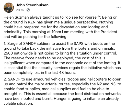 JacquesMaree73's tweet photo. Six action steps that can and must be taken to quell the violence and looting.

DA leader @jsteenhuisen will be sharing these with president @CyrilRamaphosa this morning. https://t.co/qh6QaRwr6b