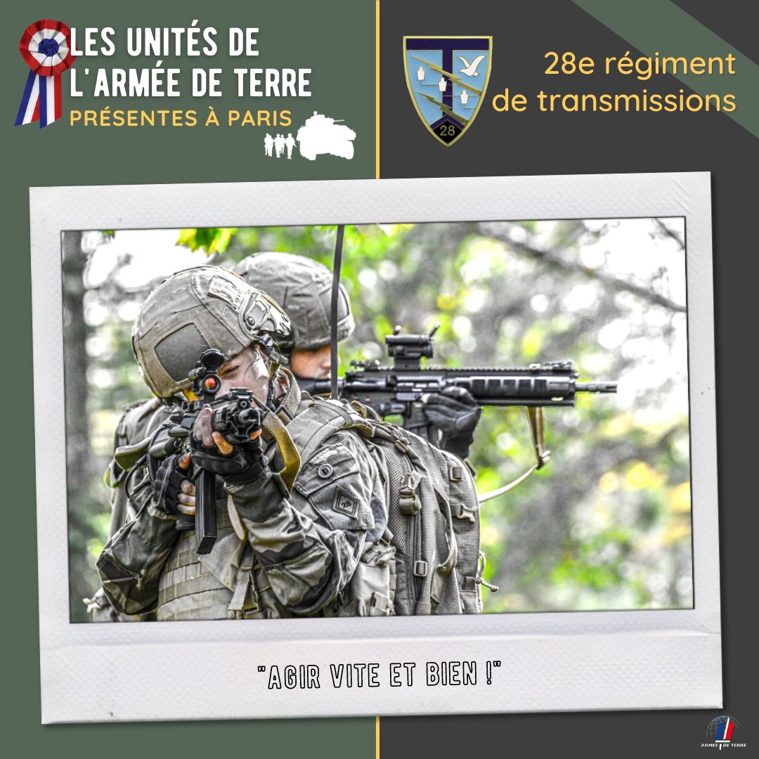 armeedeTerre's tweet photo. Zoom sur le #28RT ! Il appuie le commandement des forces interarmes et interarmées en métropole comme en opération.

Les télécommunications et les systèmes d’information militaires constituent le cœur de métier du 28e régiment de transmissions.

#SoldatsDeFrance #14Juillet https://t.co/z0laeQhsFT