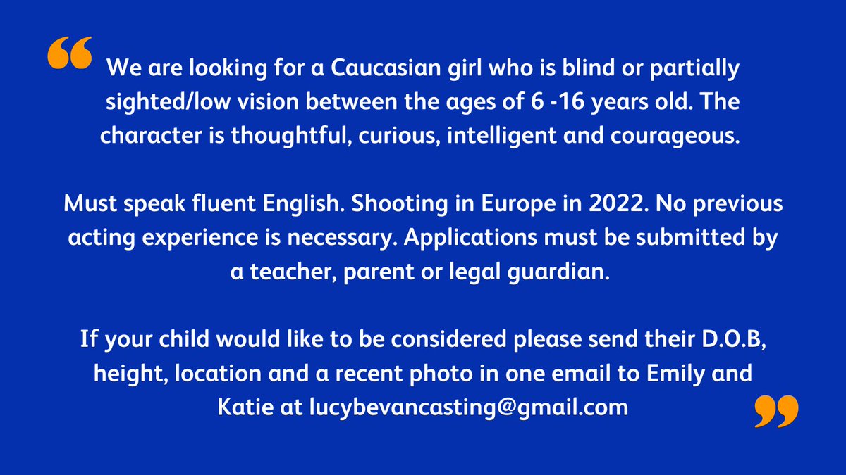 Vision_Fdn's tweet photo. OPEN CASTING CALL ๐ฃ
Lucy Bevan Casting (โCruellaโ, โBeauty and the Beastโ) is currently searching for a blind/partially sighted girl to play a key guest speaking role in an upcoming Netflix limited TV series.
#Casting #DisabilityOptIn #SightLoss #Blind #SeeMySkills https://t.co/wtZwBU6g8b
