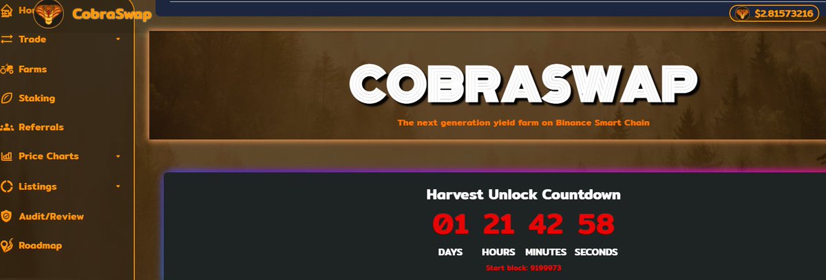 SwapCobra's tweet photo. Harvest Unlock in 2 days!!!
High APR here:
https://t.co/jyEi2c9ReE

Go farm with #CobraSwap

#YieldFarming #DeFi #BNB #BSC #BSCGems #YieldFarming #BinanceSmartChain https://t.co/ojqSgwwyjd