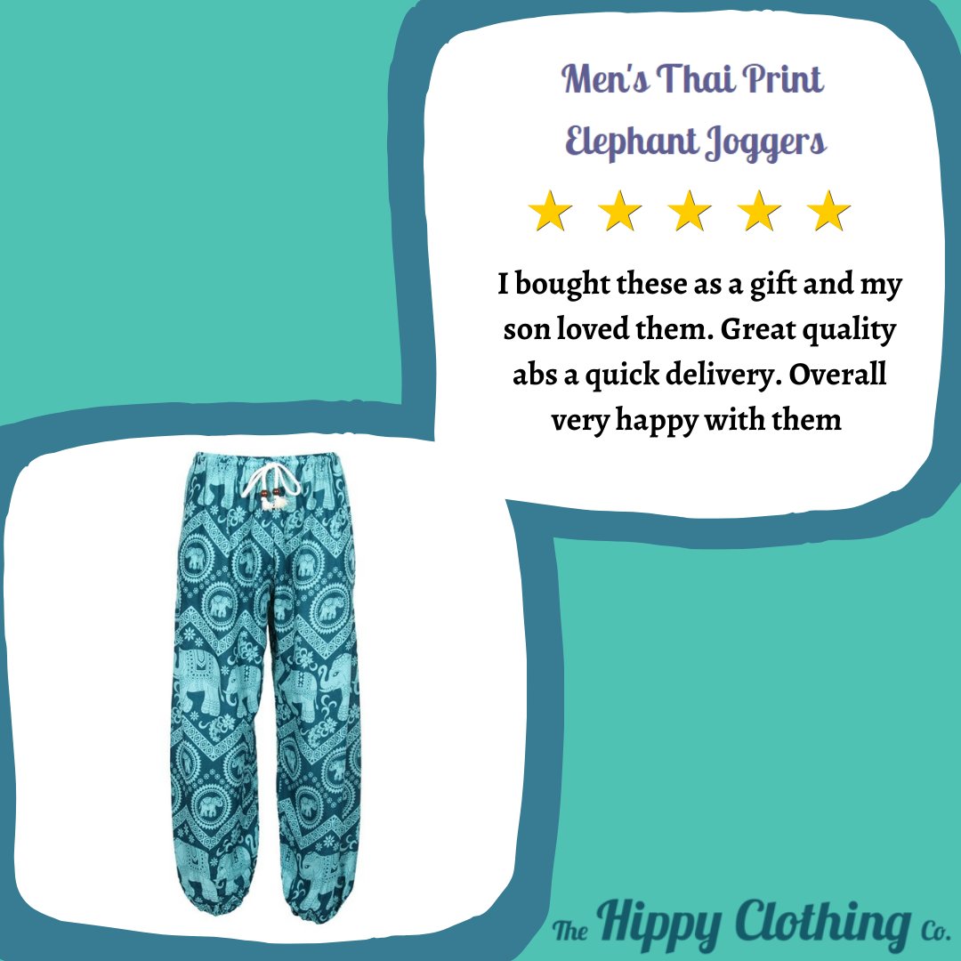 Thank you for the review, Julie!☺️ Our pieces make brilliant gifts. 

You can shop the Men's Thai Print Elephant Joggers through our Insta shop or through the Hippy Clothing Co website😇