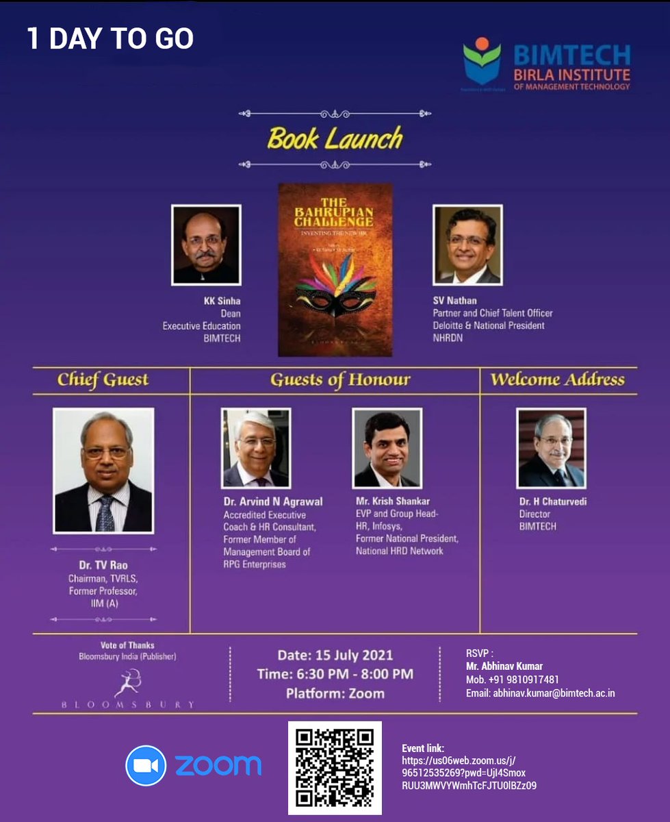 BIMTECHNoida's tweet photo. One Day to go to the Launch of BIMTECH's Book "The Bahrupian Challenge:Inventing the New HR" edited by Prof. KK Sinha, Dean - Ex. Education, #BIMTECH &amp; Mr. SV Nathan, Partner &amp; Chief Talent Officer, Deloitte, National President,NHRDN. Link to Join event: https://t.co/ttYW3XGyUE https://t.co/72OwjEtcHa
