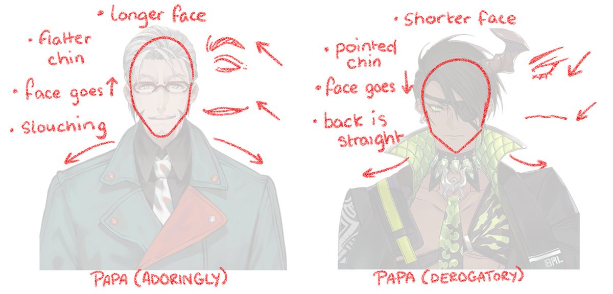 i was explaining to someone the differences between aruran and oga's designs bc they wanted help drawing aruran and it basically turned into "this papa is disarming and gentle while this papa is Not disarming Nor gentle so their designs depict them as such" 