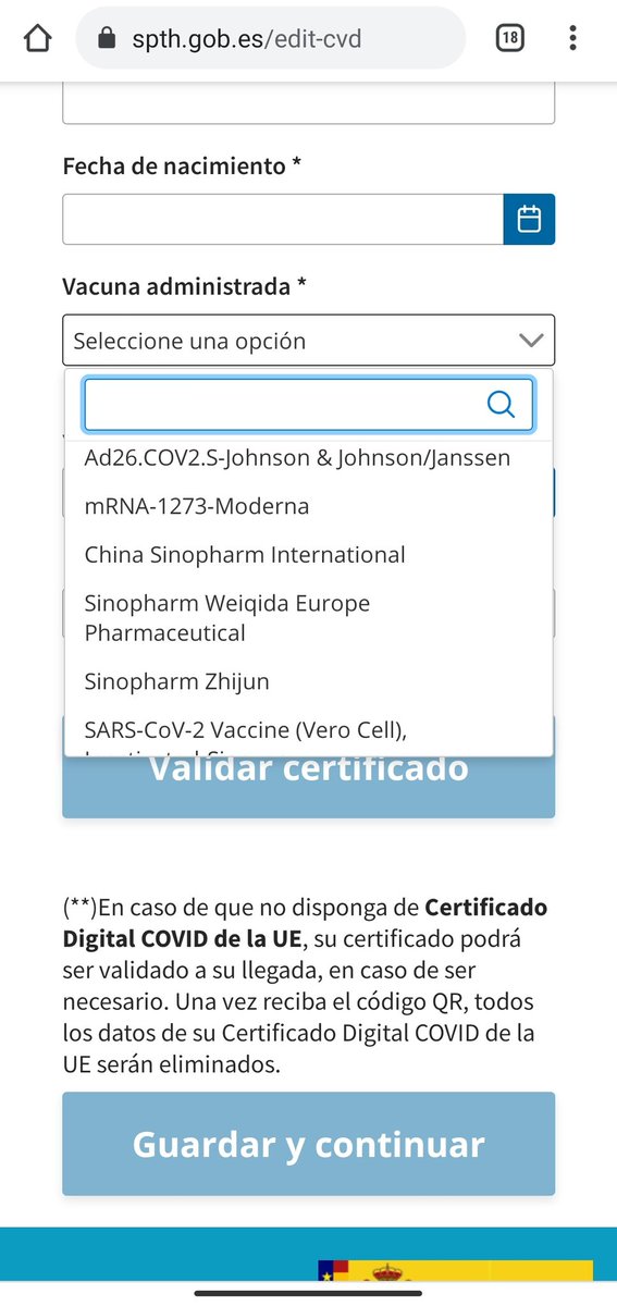 a_bravo8's tweet photo. @rlopezaliaga1 Quién te ha dicho que con la sinopharm no se puede ingresar a Europa? 
Acá te mando una foto del formulario para ingresar a España dónde te dan la opción de seleccionar esa vacuna. Por favor deja de levantar polvo por nada! https://t.co/YTQXrFEOGL