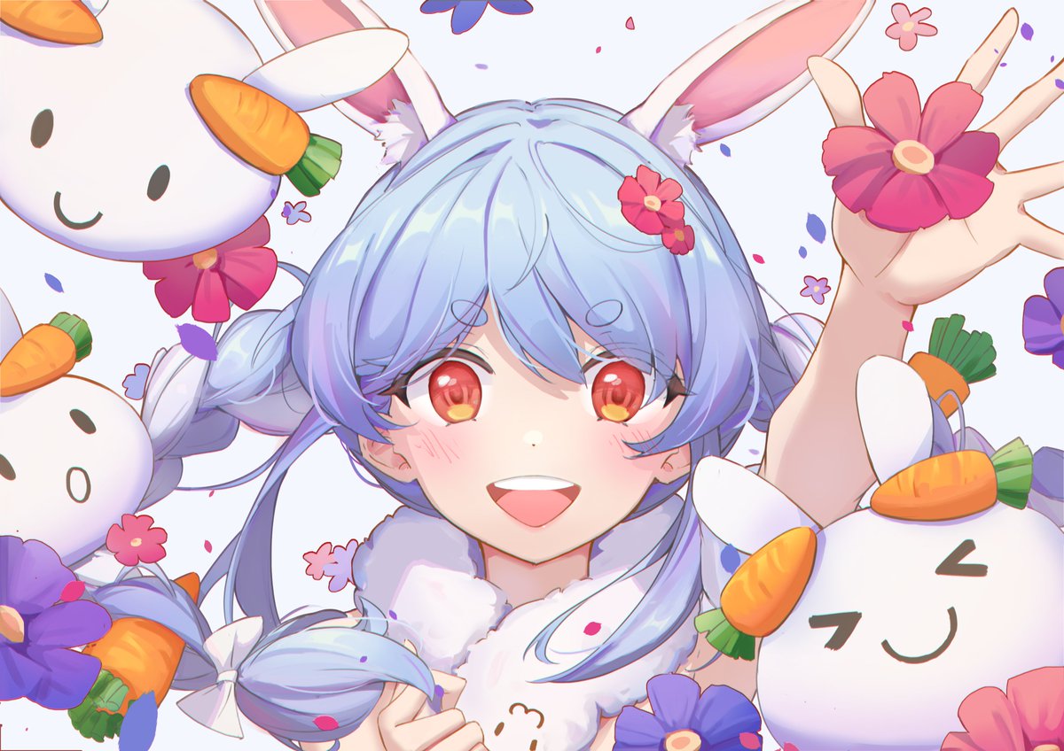 usada pekora 1girl animal ears rabbit ears blue hair twin braids braid flower  illustration images