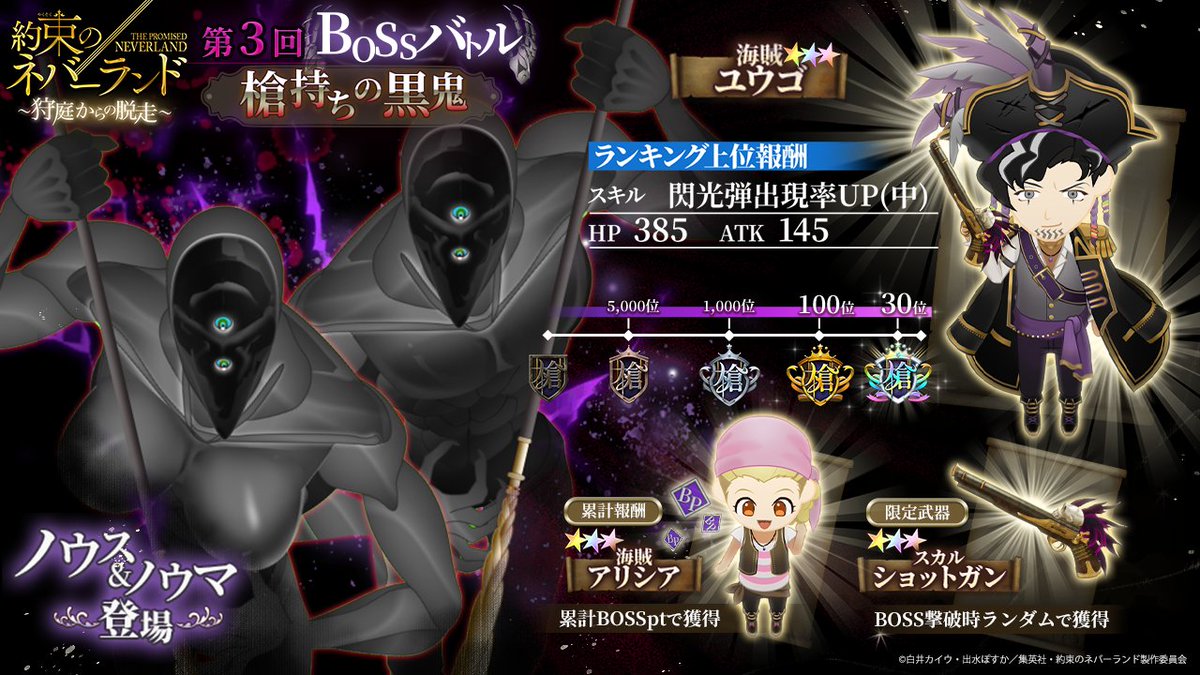約束のネバーランド 狩庭からの脱走 狩ネバ Bossバトル開催中 槍持ちの黒鬼 開催中 今回のbossはノウス Amp ノウマ ランキング上位で 3 海賊 ユウゴの他 特別な称号をgetのチャンス さらに 累計報酬に 海賊 アリシア