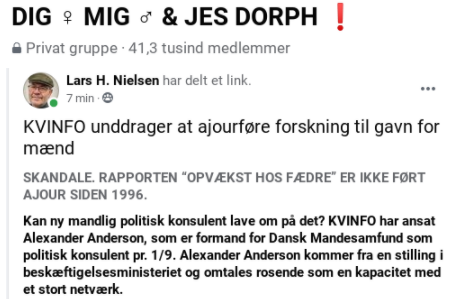 LarsHNielsen2's tweet image. KVINFO unddrager at ajourføre forskning til gavn for mænd
SKANDALE. Rapporten “Opvækst hos fædre” er ikke ført ajour.
Læs mit opslag i gruppen: DIG ♀️ MIG ♂️ &amp;amp; JES DORPH , facebook.com/groups/3568968…
#mænd #fædre #far #sexisme #dkpol #dksundhed