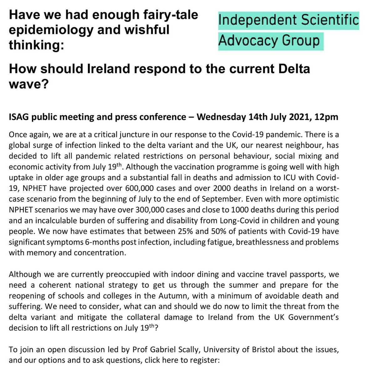 WeCanBeZero's tweet photo. 📣TODAY at 12pm “Have we had enough fairy-tale epidemiology and wishful thinking? How Ireland should respond to the current Delta wave”

An @ISAGCOVID19 public meeting &amp; press conference lead by @GabrielScally 

- 12pm, Wed, July 14

Join here: https://t.co/Ba3PAUZBKW https://t.co/JCZdgEc4iZ