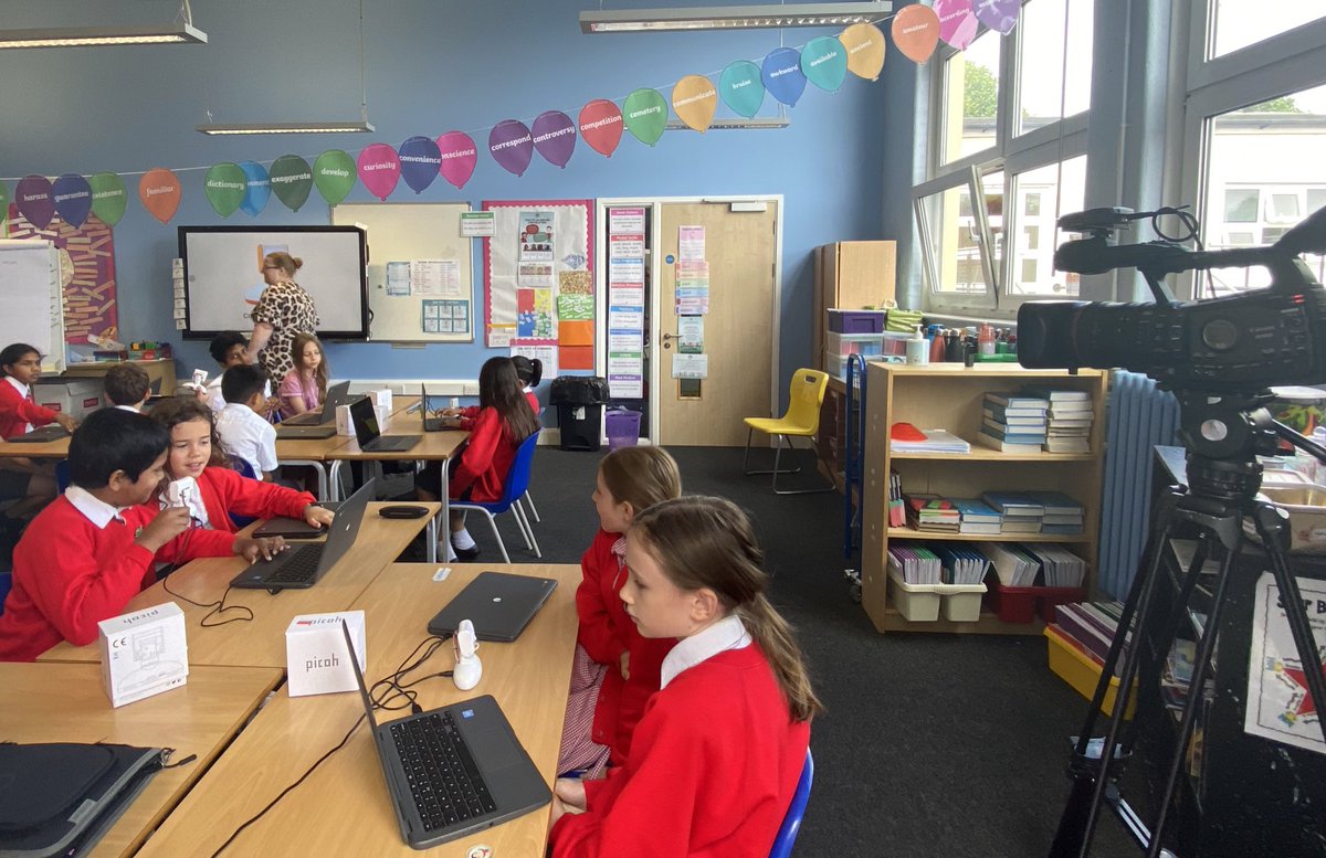 CCJacademy's tweet photo. Great to be working with @bobusher &amp; @MissLauraJSmith from @LGfL today. They are filming the outcomes of Year 5’s #PicohPilot Project. A fantastic cross-curricular programme in partnership with @OhbotRobot. We can’t wait to share how it’s gone. 🤖 https://t.co/b1oBXfC4dx