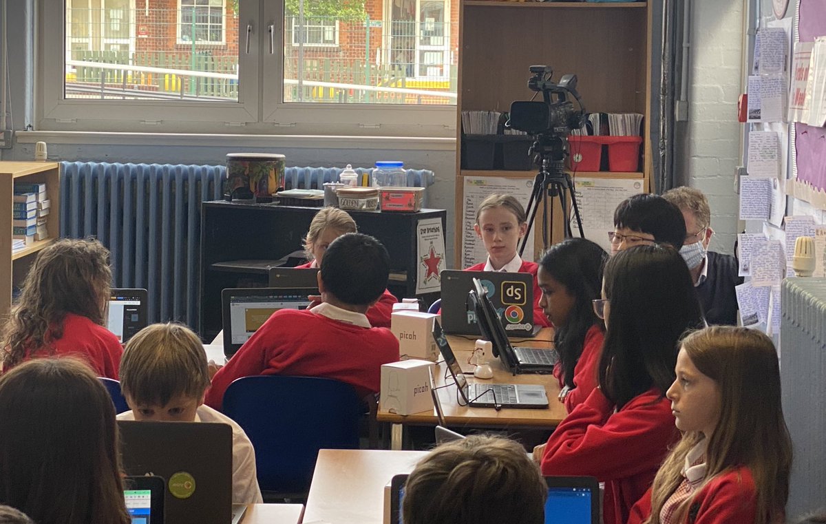 CCJacademy's tweet photo. Great to be working with @bobusher &amp; @MissLauraJSmith from @LGfL today. They are filming the outcomes of Year 5’s #PicohPilot Project. A fantastic cross-curricular programme in partnership with @OhbotRobot. We can’t wait to share how it’s gone. 🤖 https://t.co/b1oBXfC4dx