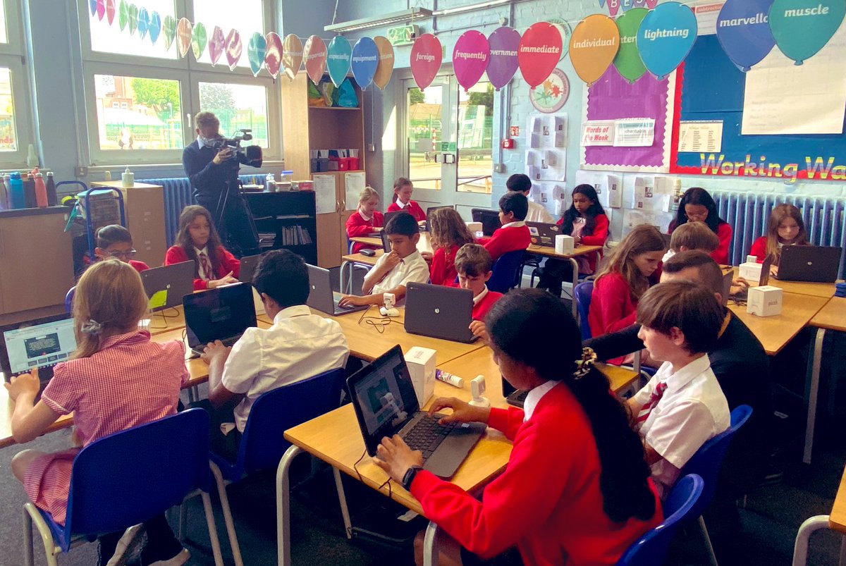 CCJacademy's tweet photo. Great to be working with @bobusher &amp; @MissLauraJSmith from @LGfL today. They are filming the outcomes of Year 5’s #PicohPilot Project. A fantastic cross-curricular programme in partnership with @OhbotRobot. We can’t wait to share how it’s gone. 🤖 https://t.co/b1oBXfC4dx