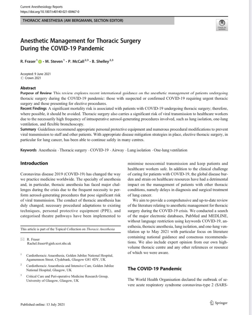 If anyone is interested in the impact of COVID-19 on thoracic anaesthesia........<a href="/SpringerNature/">Springer Nature</a> in Current Anesthesiology Reports <a href="/philipmccall/">philip mccall</a> <a href="/GJanaesresearch/">Anaesthesia Research</a> #review #research #thoracic #anaesthesia

Read here: rdcu.be/comOq