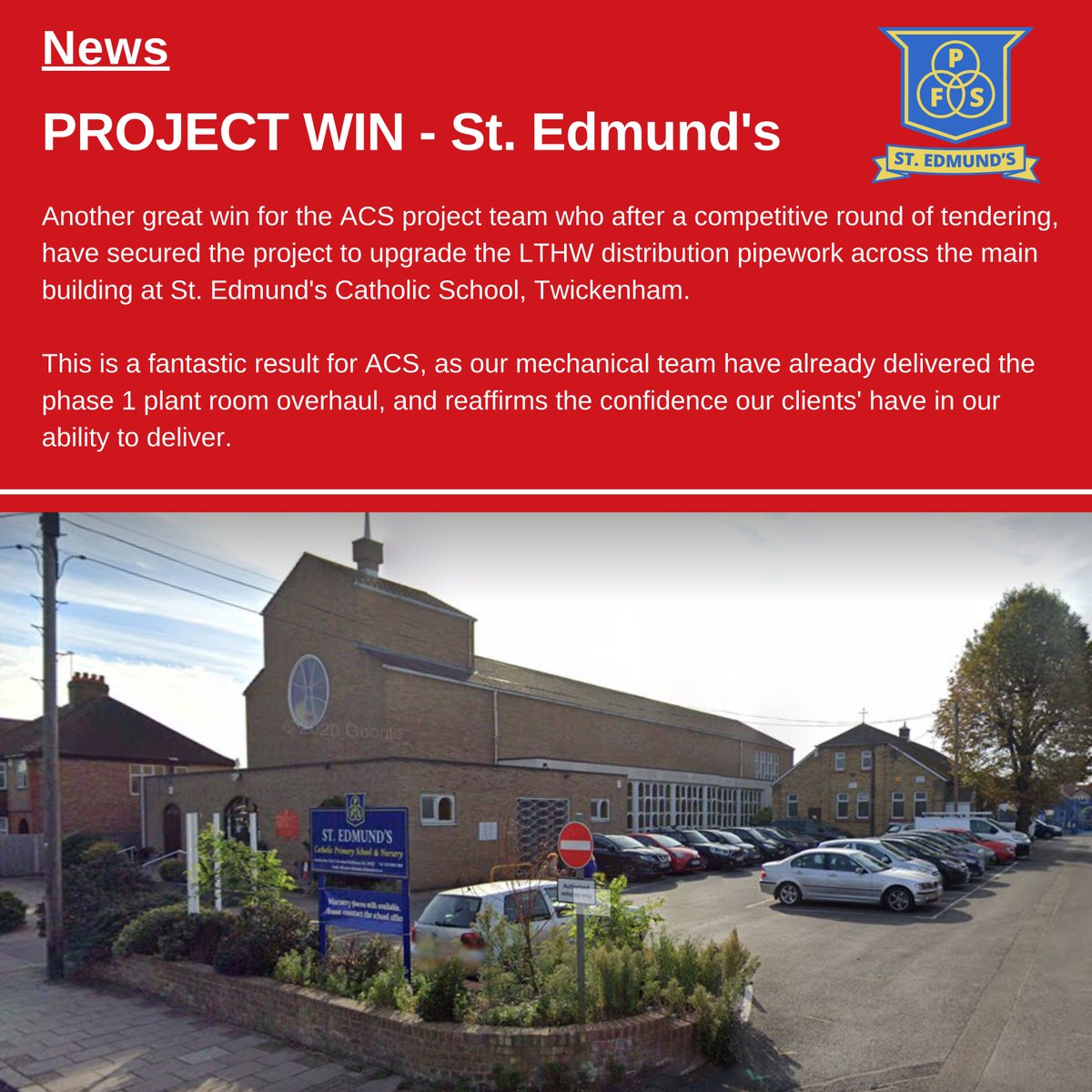 More great news for our projects team last week, with ACS being appointed to deliver the upgrade to mechanical LTHW services at St. Edmund's School, Twickenham. Well done to everyone involved. 👏👏 #Projects #Mechanical #HVAC #FM