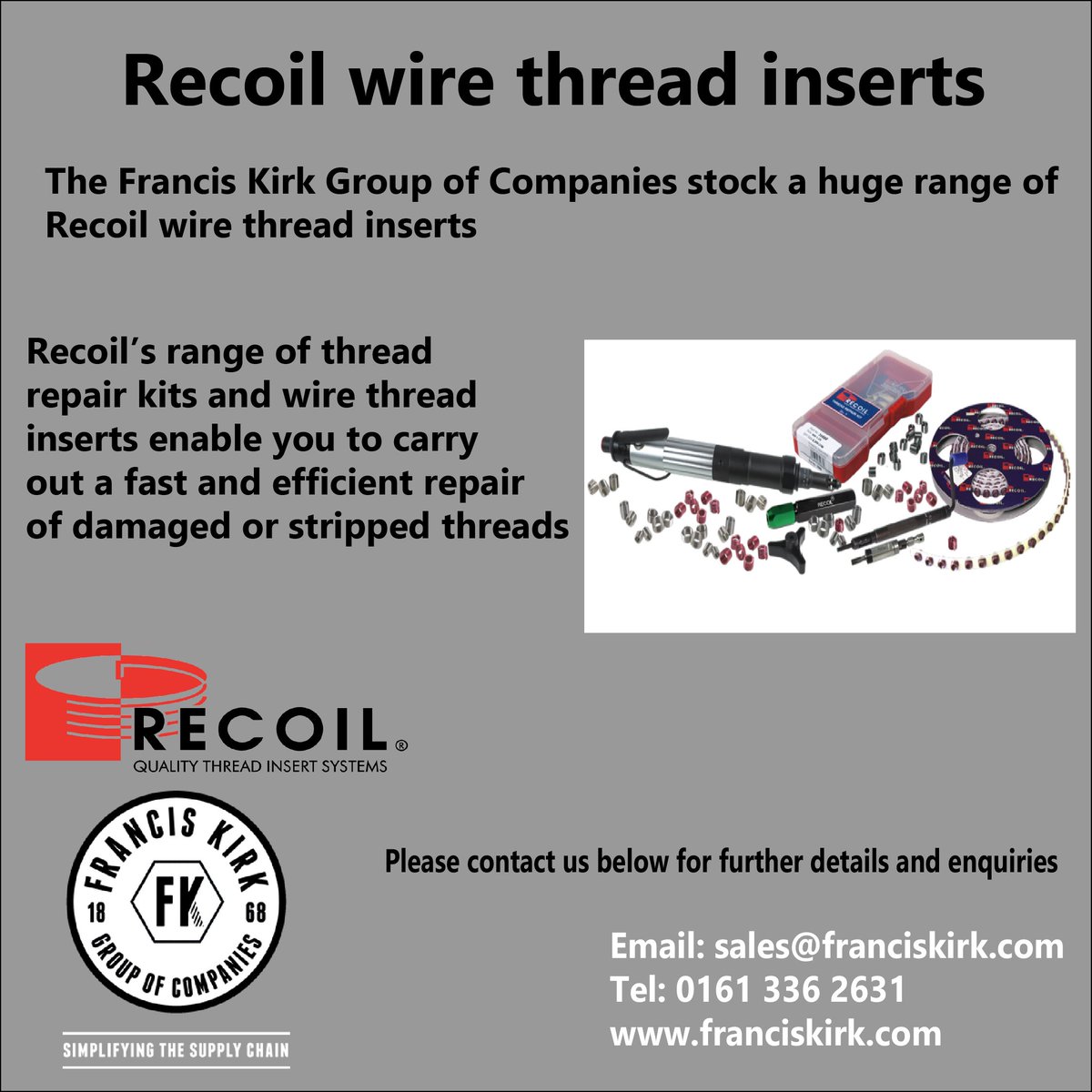 Francis_Kirk's tweet image. Francis Kirk are here to help you with the repair &amp;amp; maintenance work within your machine shops. Thread inserts are a great way to repair old machines &amp;amp; ageing threads.
Any breakdowns or engineering requirements Francis Kirk are here.
#supplychain #engineering #machinework
