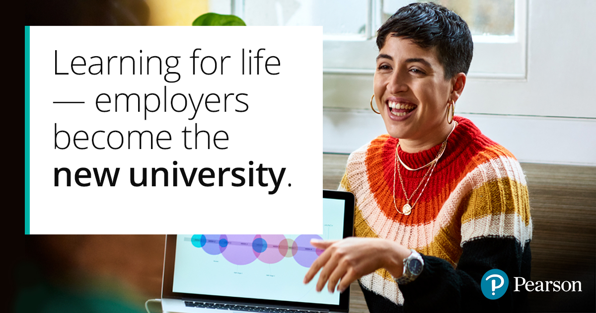 Girl holding a laptop smiling during a presentation. Caption reads: Learning for life - employers become the new university. 