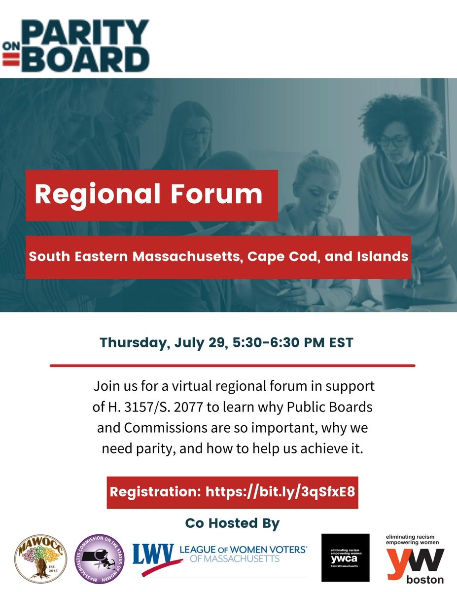 BCCSWMA's tweet photo. 📅 Th 7/29, 5:30-6:30PM EST
Register: https://t.co/j5VVlyk9xj

Learn why we need parity on Boards &amp; Commissions &amp; how to help achieve it.

Join in for a virtual 💻 regional forum in support of:

 📜H.3157 https://t.co/S9hSlh1vVR

 📜S.2077 https://t.co/9Kggur6dFc https://t.co/kamYlwNfFS