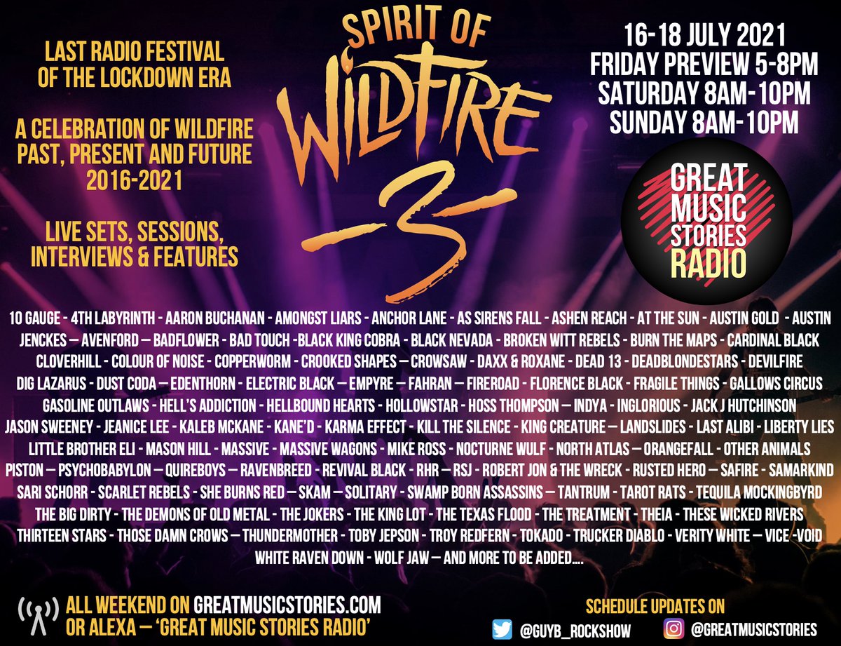 SPIRIT OF WILDFIRE 3!
Radio Fest this weekend! Lots of new sets and interviews, and also celebration of the best of what we have done at <a href="/WildFireFestUK/">WILDFIRE</a> with bands since 2016.
Running order follows. This weekend we say goodbye to restrictions and, together, we start the rebuild x