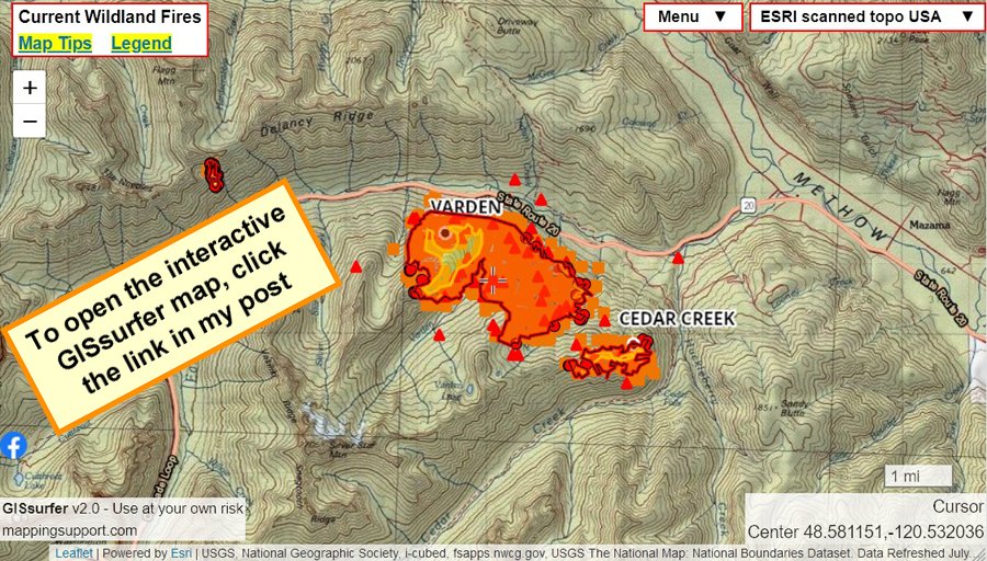 MappingSupport's tweet photo. Wednesday July 14. #CedarCreekFire #VardenFire #DelanceyFire, near Mazama WA 1,910 acres per 11pm infrared (IR) flight. Red/black line is perimeter determined by IR analyst. See 2 links upper left corner. #WaWildFire #WAwx #WAfire

Open #GISsurfer map: https://t.co/Z0y67yORiN https://t.co/cVsOhDWhPM