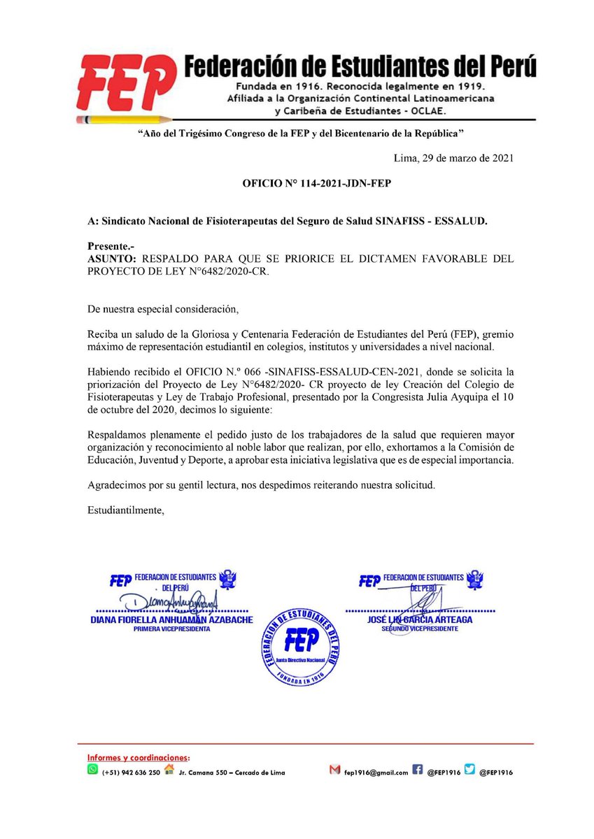 ASPEFISIO's tweet photo. Federación de Estudiantes del Perú FEP APOYA #PL6482
 @FrepapBancada
@LuzCayguaray @RichardRubioG @WilmerFrepap @MariaCespedesc @IsaiasFrepap @AlcidesRaymeM @huamani_nelly @RaulMachacaM @OsedaYucra @ayquipa_julia @RobledoGutarra @AlfredoBenitesF https://t.co/rIPr3D96Mj