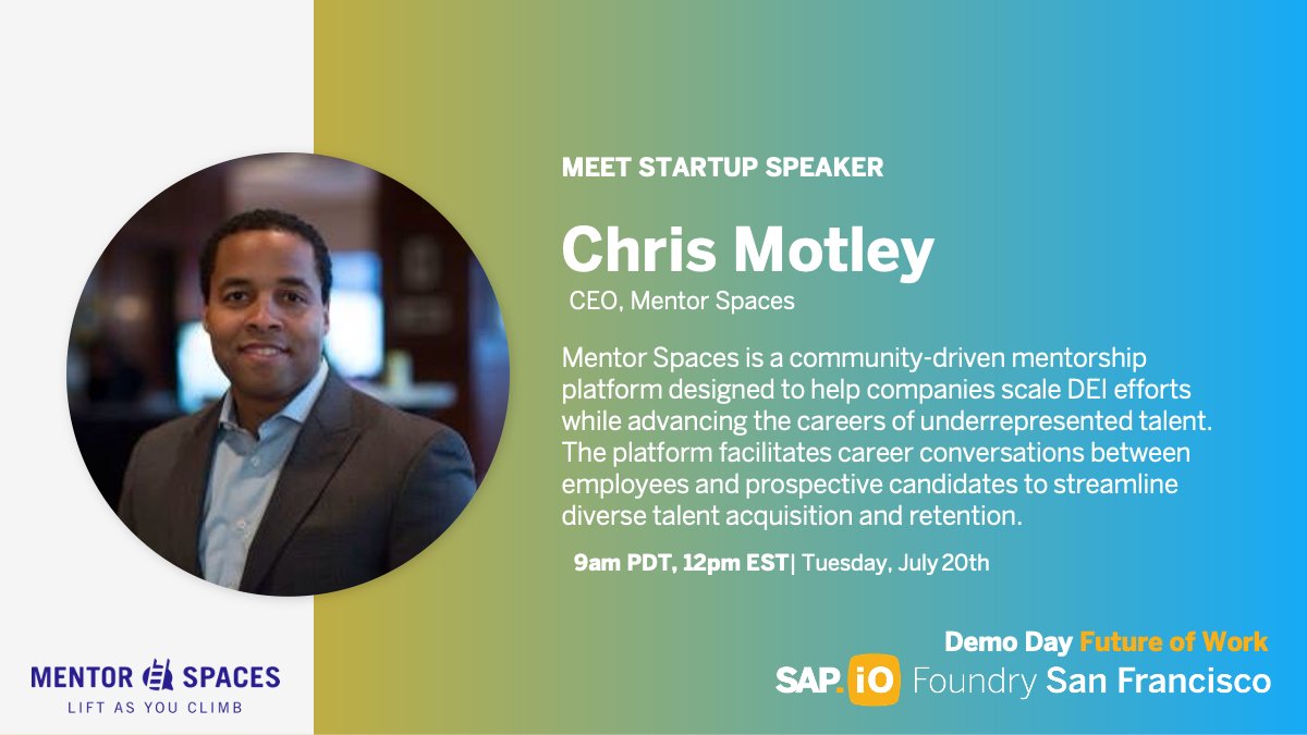 I am beyond thrilled to be presenting in <a href="/SAP_iO/">SAP.iO</a> Foundry San Francisco Demo Day. Learn more about <a href="/mentorspaces/">Mentor Spaces</a> as the community-driven #mentorship platform designed to support DEI goals.

Join me on Tuesday, July 20th at 9am PDT / 12pm EST! Register here: bit.ly/3B6iTs2