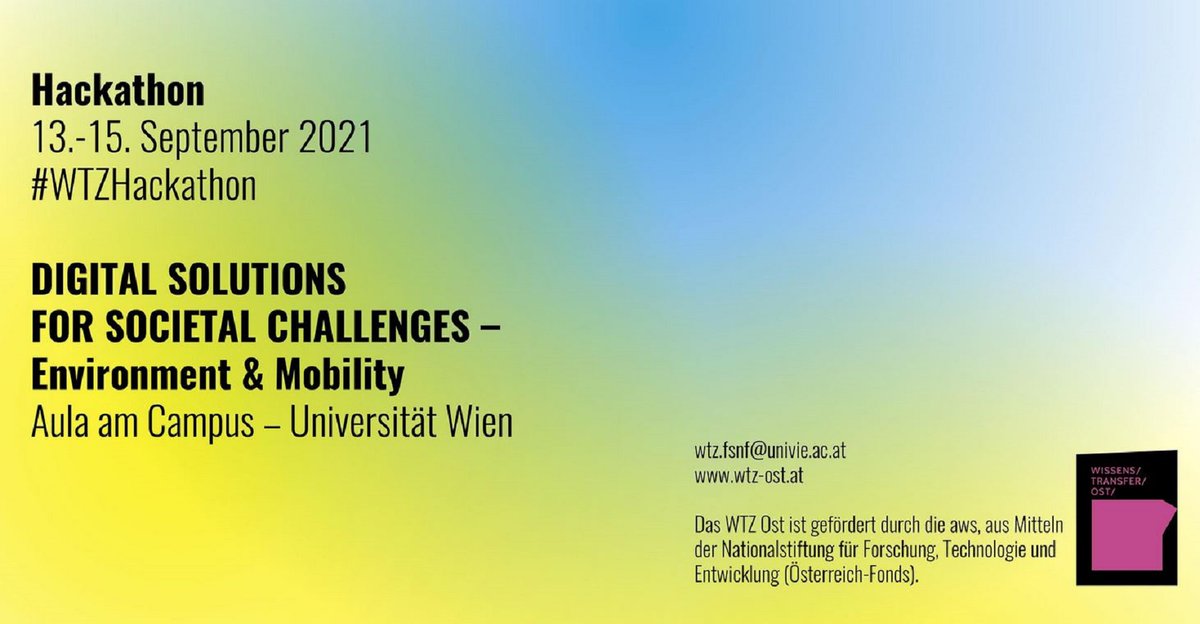 An alle Studierende und NachwuchswissenschaftlerInnen: Hackathon 'Digital Solutions for Societal Challenges - Environment & Mobility', vom 13. bis 15. September am Campus der Uni Wien. Programmierkenntnisse nicht vorausgesetzt. Infos & Anmeldung unter: wtz-ost.at/veranstaltunge…